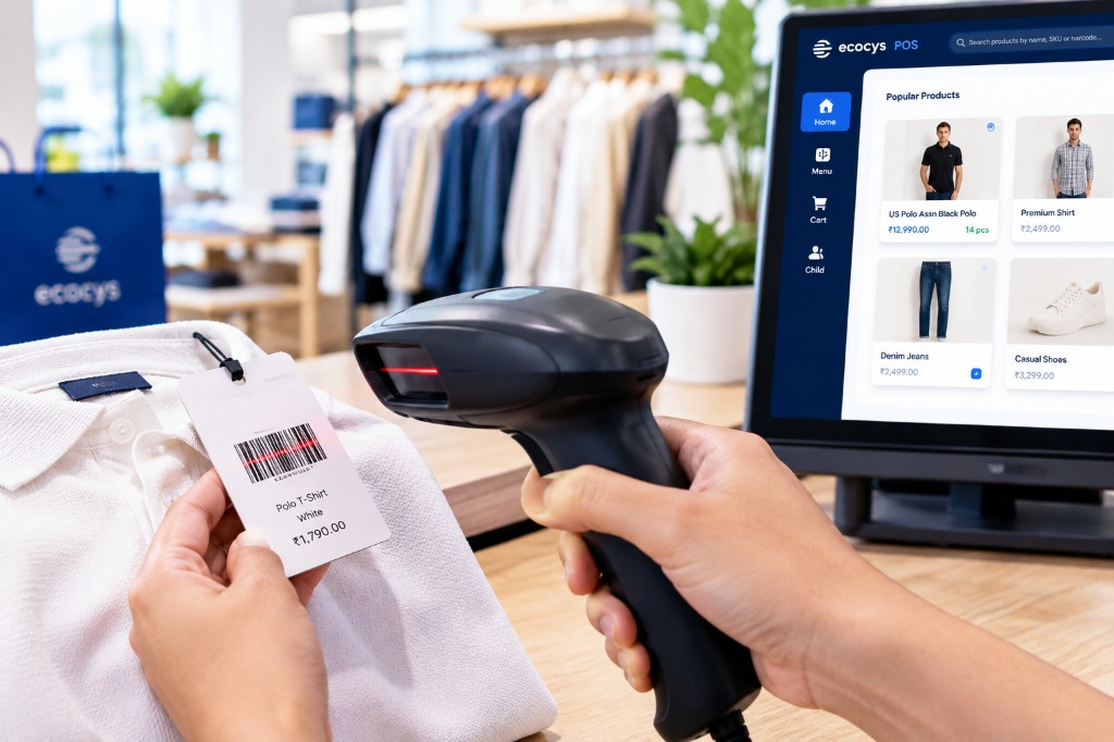 Ecocys POS on a retail counter with barcode scanner and product catalog