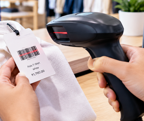 Barcode scanner reading a product tag at the retail counter